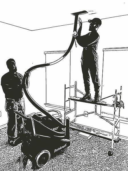 Inked print, two men cleaning air ducts for Sanitize 4 Serenity 